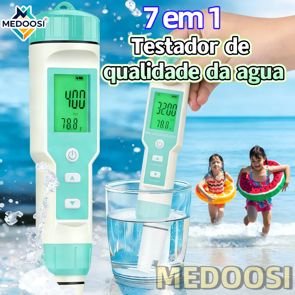 Testador de Água 7 Em 1  - Medidor Digital Portátil PH/TDS/EC/ORP /SALT/S.G/ TEMP | Ideal para Piscina e Água Potável
