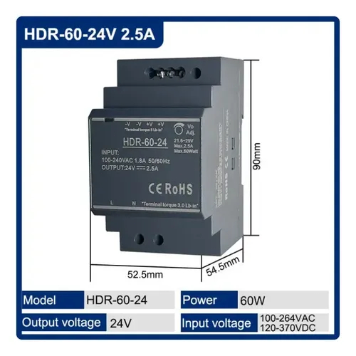 Fonte De Alimentação Comutada 24v/2.5a 60w Para Trilho Din 100-240v Hdr-60-24