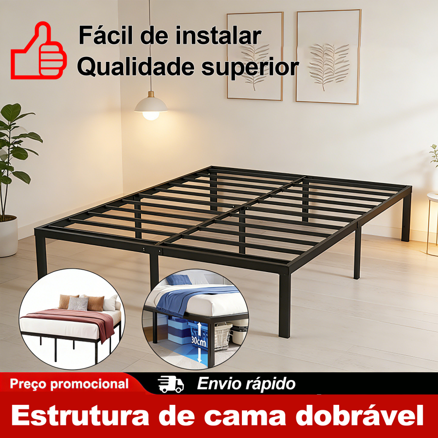 Estrutura de cama metálica para casal/solteiro – com suporte de barras de aço, dobrável e fácil de montar