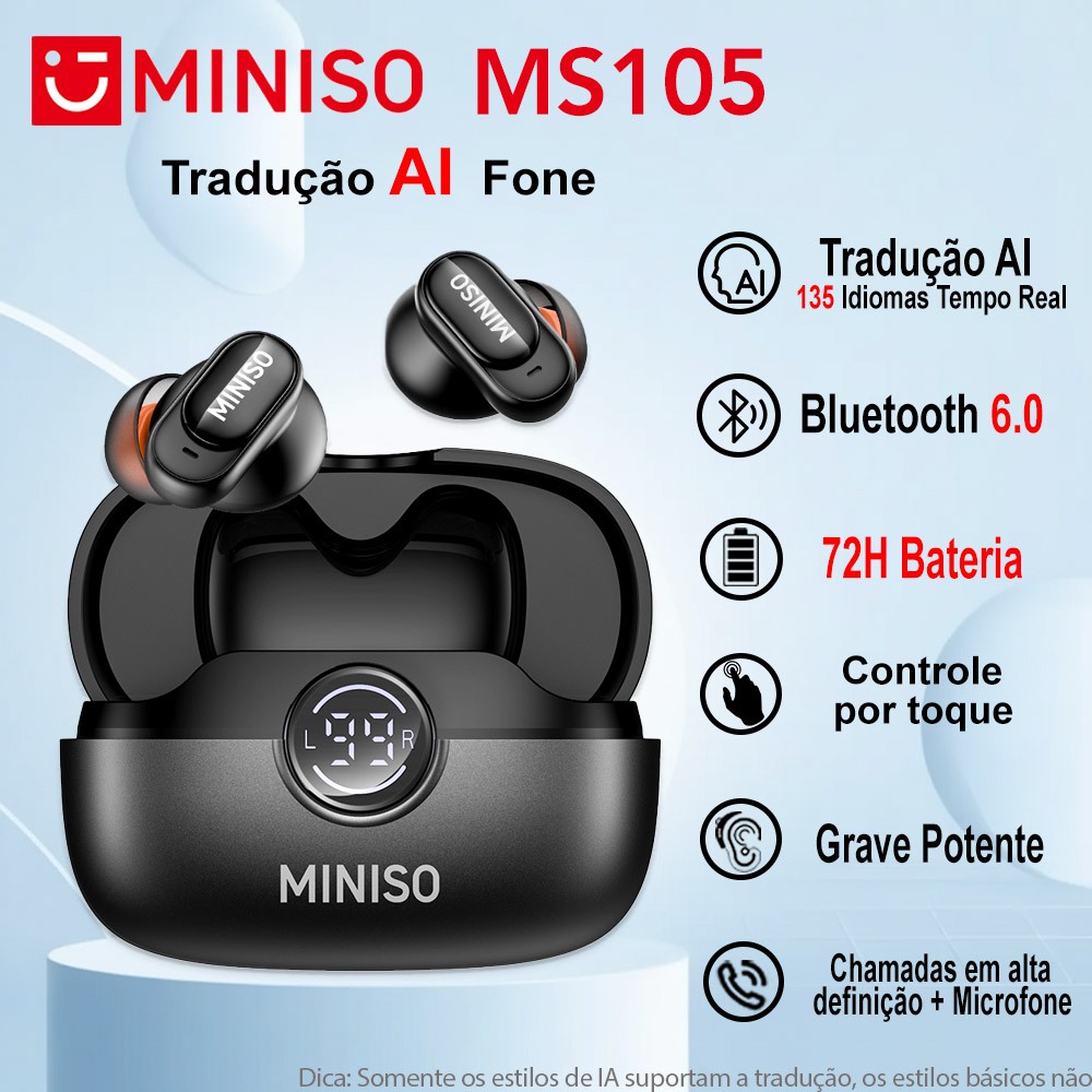 Miniso MS105 AI Tradução Fone 135 Idiomas Tempo Real Tradução TWS Fone Esportivo Bluetooth 6.0 Controle Por Toque Microf em Oferta na Shopee