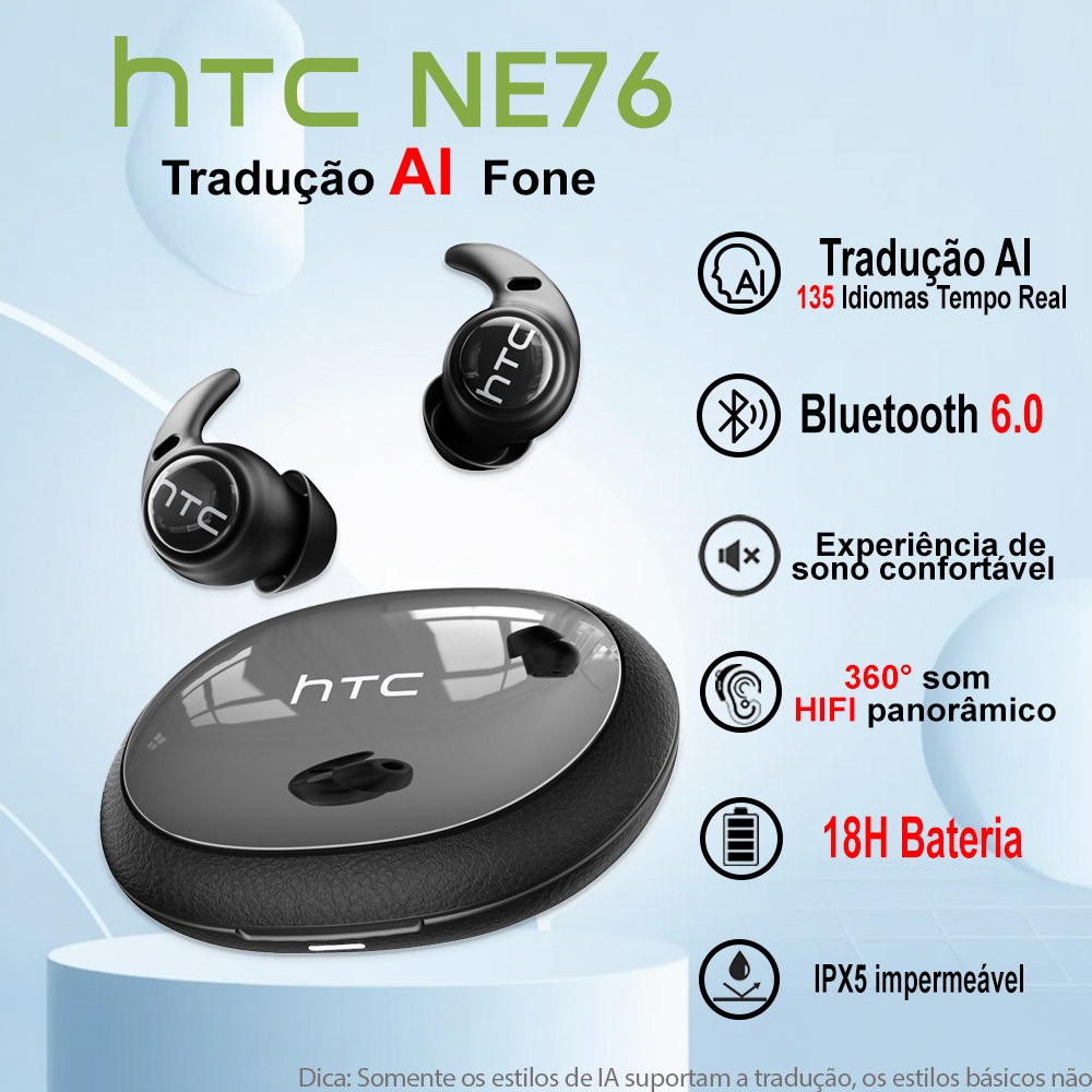 HTC NE76 AI Sem Fio Para Dormir Fone Bluetooth 6.0 TWS Fone 135 Tradução Idiomas Som Surround 360° Super Bass Microfone em Oferta na Shopee