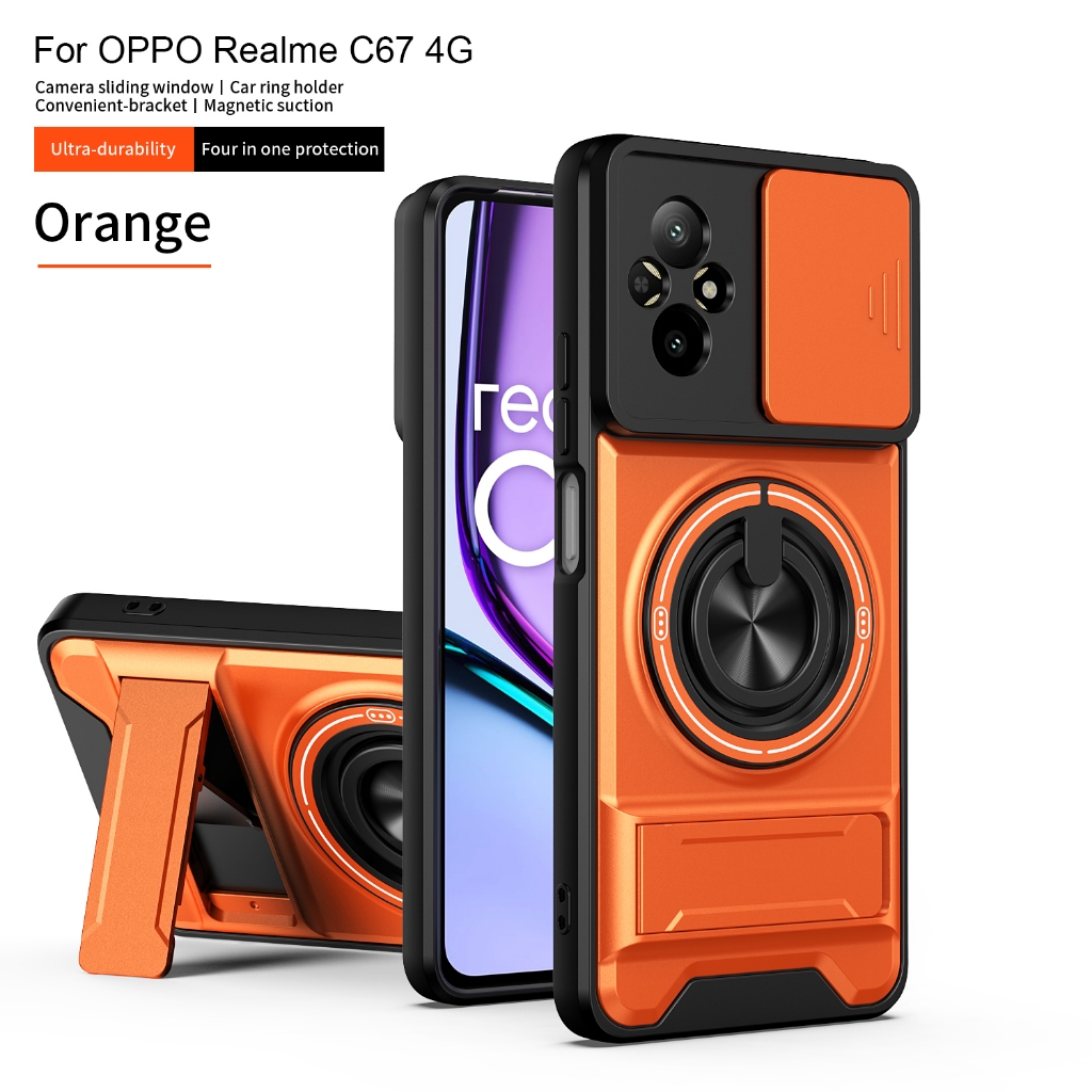 Capa De Telefone Para Anel Magnético Realme C67 360 ° Suporte Giratório Protege A Tampa Traseira Rígida Da Lente