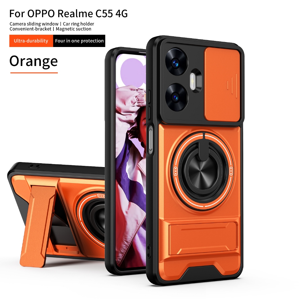 Capa De Telefone Para Anel Magnético Realme C55 360 ° Suporte Giratório Protege A Tampa Traseira Rígida Da Lente