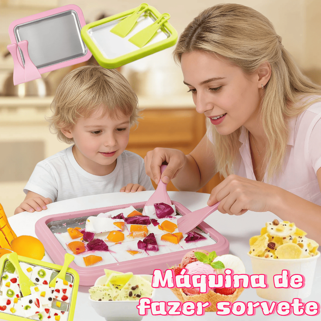 Máquina de Fazer Sorvete em Rolo para crianças Aço Inoxidável Sem Fio para Yogurte, Gelo Cremoso Frias com 2 Espatulas