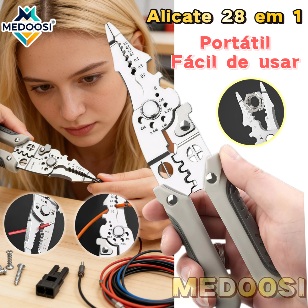 Alicate Profissional 28 em 1 Kit Multifunção com Descascador de Fios/Cortador/Crimpador para Eletricistas e Reparos