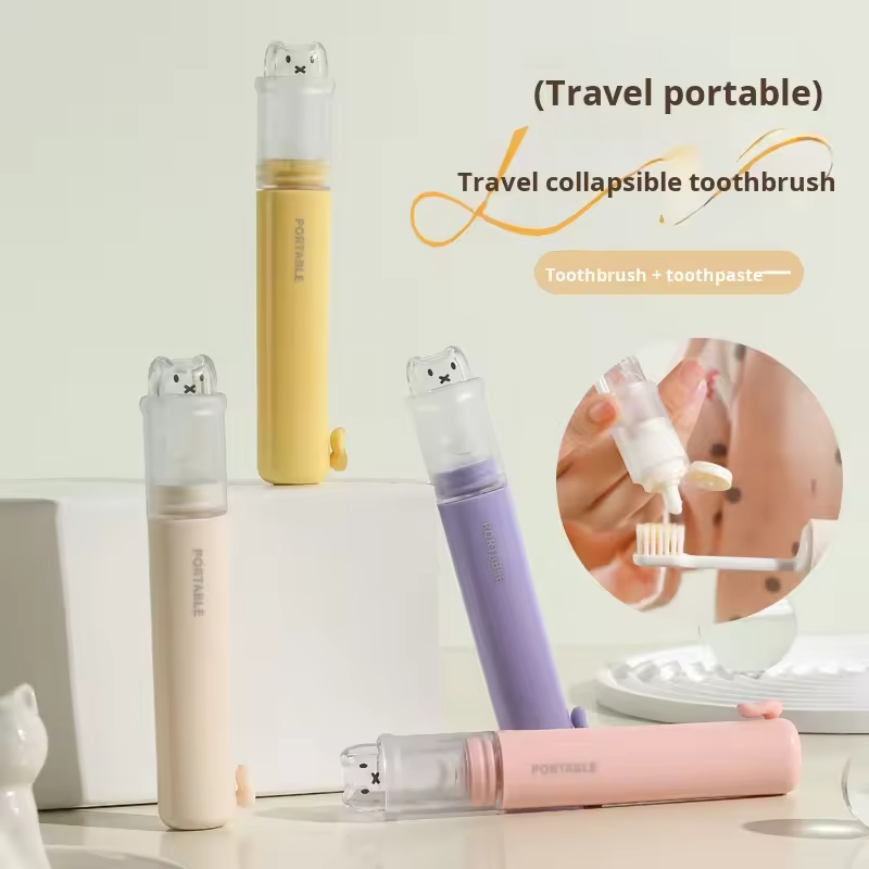 Escova De Dentes De Viagem com Cabeça Substituível, Dispensador De Pasta De Dente Dobrável 2 Em 1,Mini Conjunto Portátil