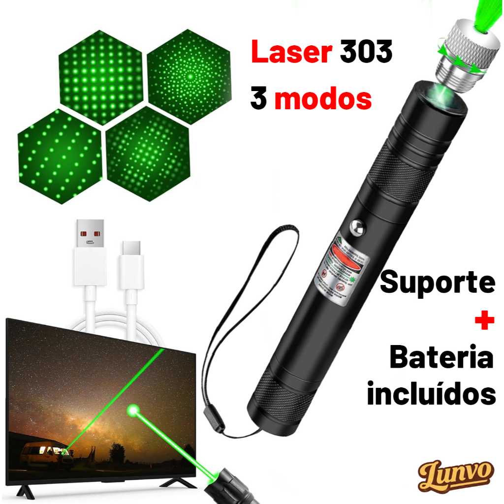 Caneta Laser Laser Pointer Verde com Bateria Recarregável com Chave de Segurança #Laser 303