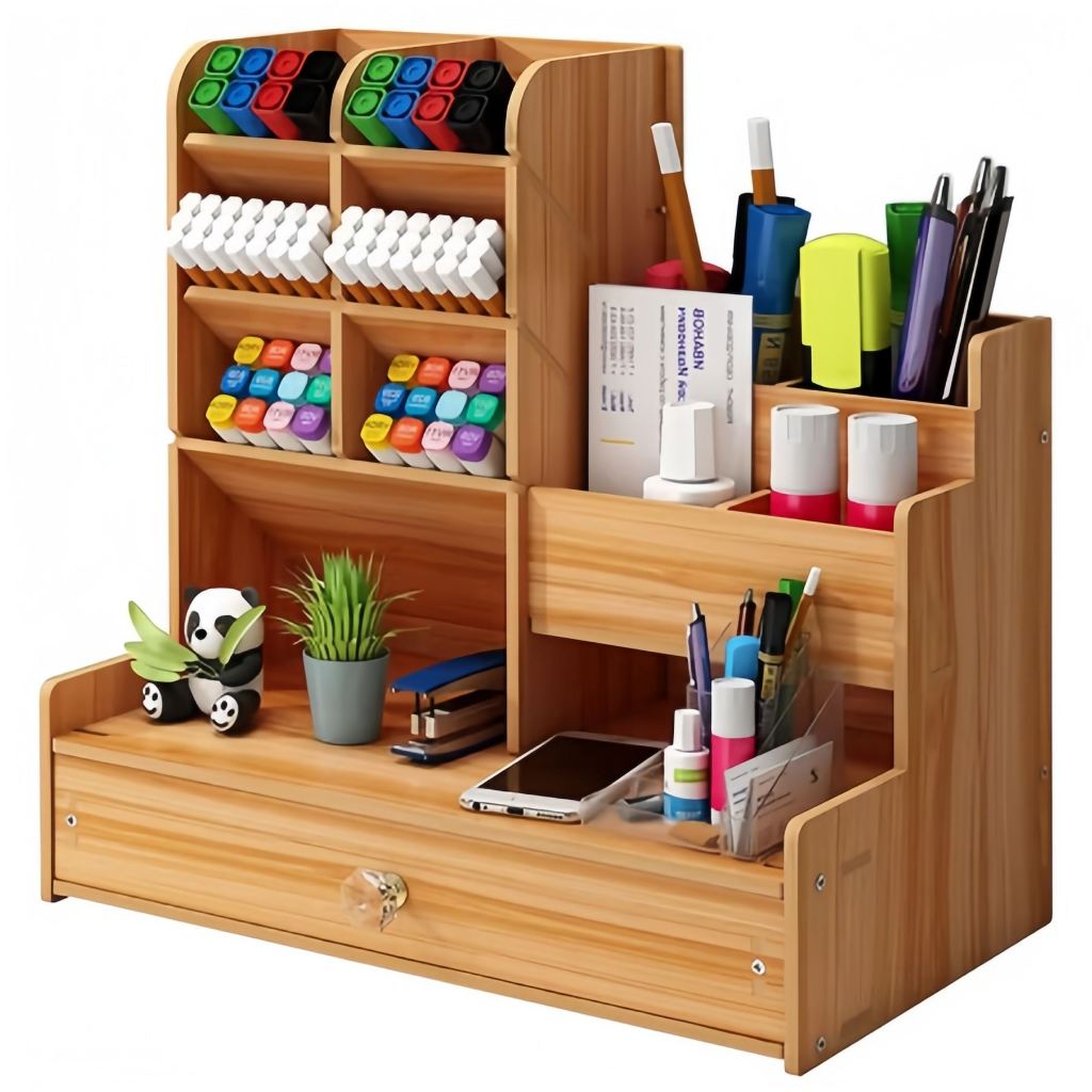 Organizador De Mesa Mdf Escritório Multiuso C/ Gaveta Nicho Canetas viv