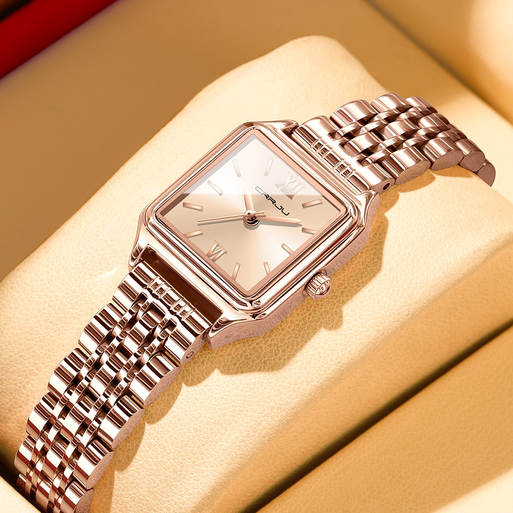 Novo Relógio Feminino CRRJU Pulseira De Aço Inoxidável Ouro Rosa Genuíno Elegância Minimalista Com Mostrador Pequeno Qua em Oferta na Shopee