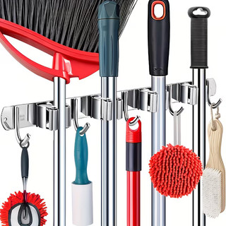 Suporte Inox De Parede 4 ou 5 Ganchos Porta Vassoura Mop Rodo Utensílios de Limpeza