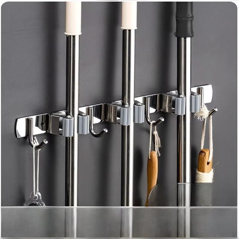 Suporte Inox De Parede 4 ou 5 Ganchos Porta Vassoura Mop Rodo Utensílios de Limpeza