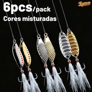 Conjunto de 6 Iscas Artificiais de Metal em Formato de Colher, 15g, Douradas, com Lantejoulas e Anzóis Triplos