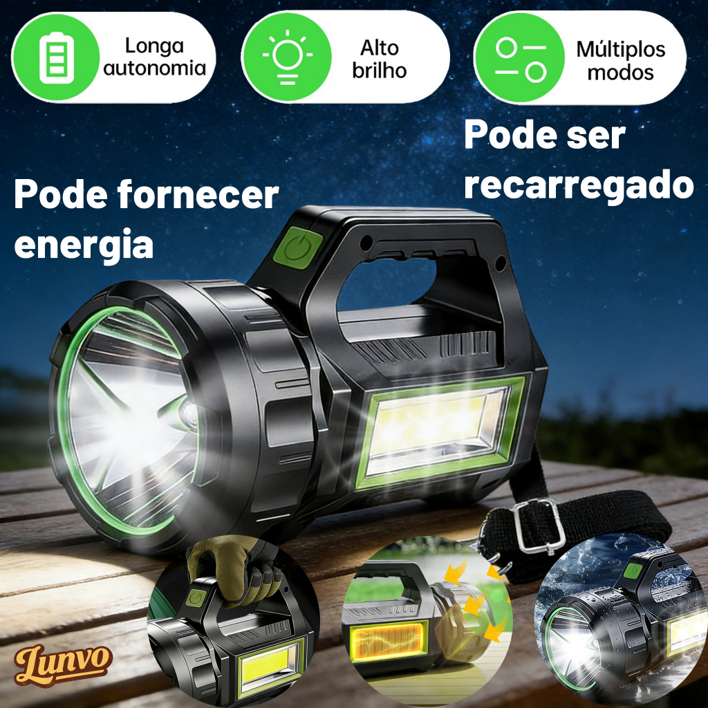 Lanterna LED Recarregável 150000LM Solar USB 30W 20000mAh Longo Alcance IPX4