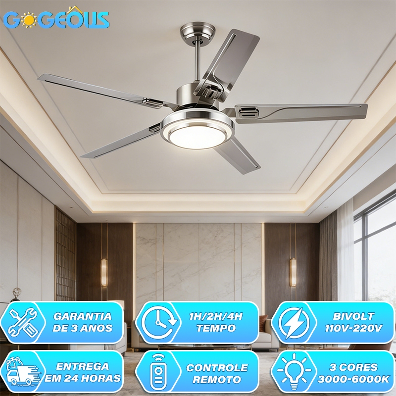 Ventilador de Teto com Lâmpada 110V-220V 42/48/52 Polegadas Motor CC Reversível Silencioso Controle Remoto 3 Cores