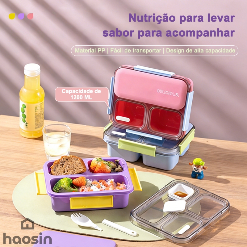 haosin Pote Para Marmita com Tampa de 1200ml, Inclui Talheres e Recipiente Para Molho, Própria Para Uso em Micro-ondas.