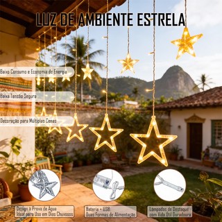 Luminária LED em formato de estrela com 3 metros de comprimento e 8 funções, adequada para decoração interna e externa