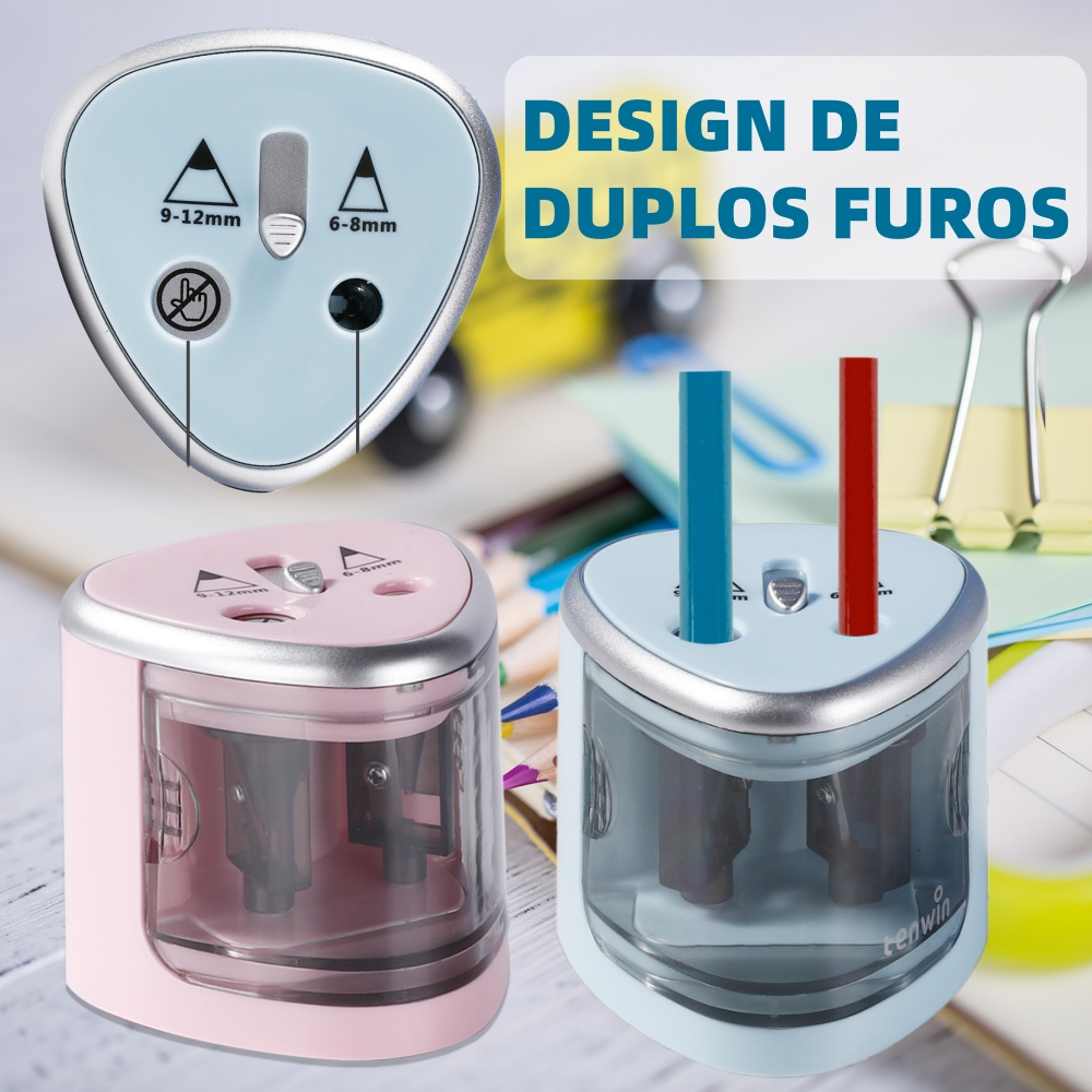 Afiador Elétrico Automático de Lápis com Duplo Furo Apontador Elétrico Bateria para lápis em Oferta na Shopee