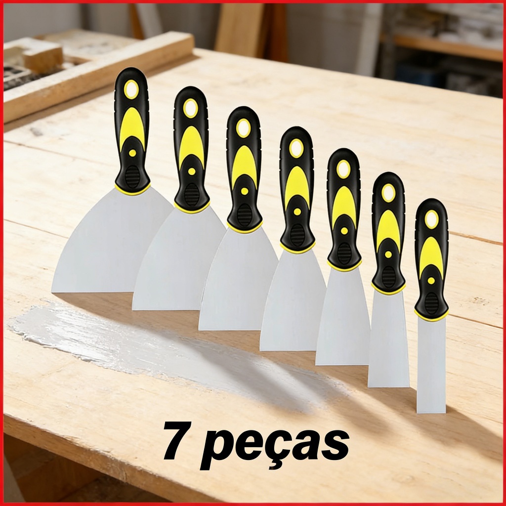 Kit 7 Espátulas De Aço Inox Profissional Com Cabo Emborrachado Tamanhos 1" A 5" Para Massa Corrida Drywall E Pintura