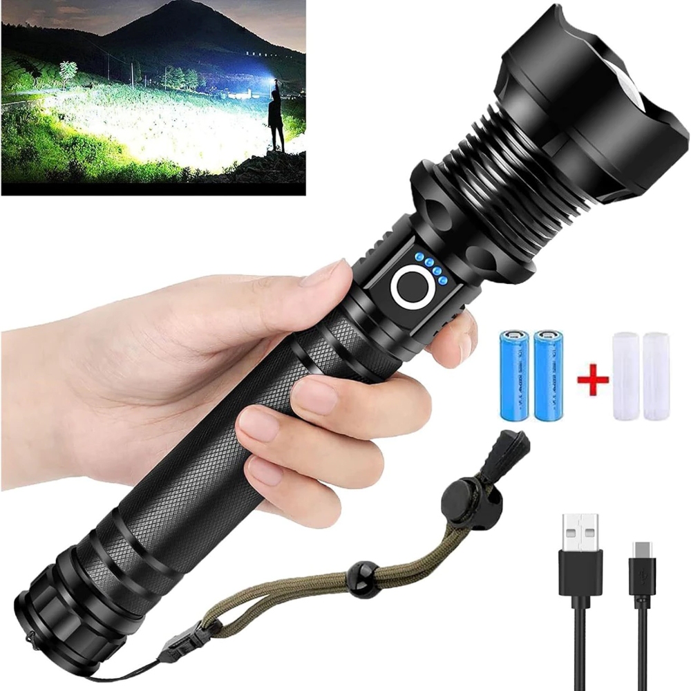 Lanterna Tática P90 P50 - 100.00 Lumens, USB Recarregável - Para Sítio, Fazenda e Acampamento