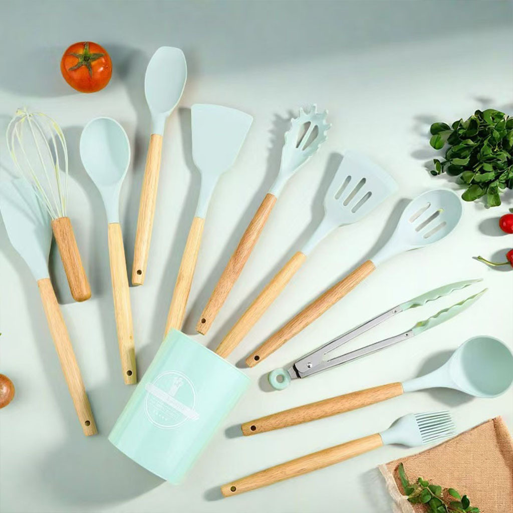Kit de Utensílios de Cozinha em Silicone 12 Peças com Cabo de Madeira, Antiaderente e Sem BPA