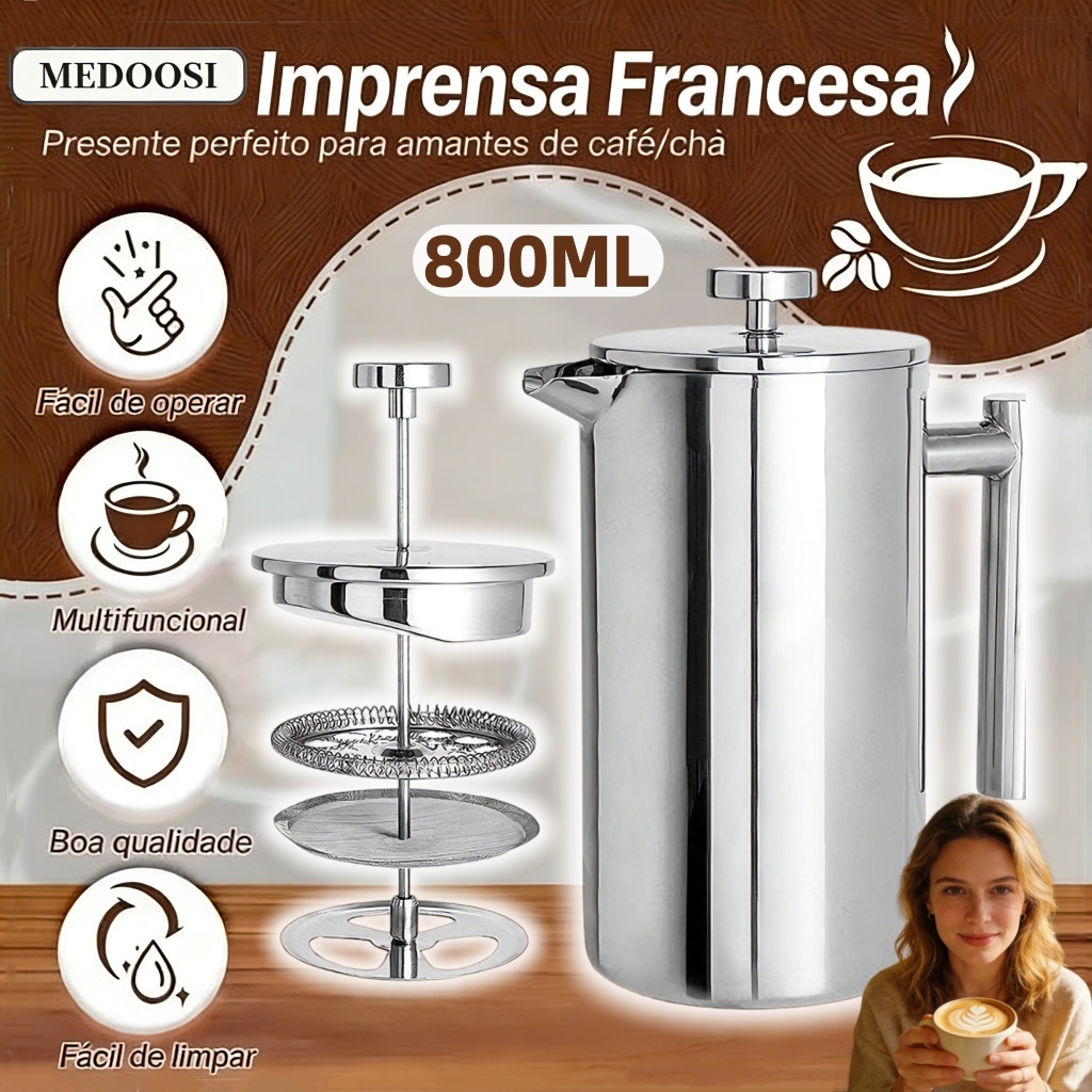 800ML Cafeteira Prensas Francesas Aço Inoxidável com Filtração de 4 Níveis