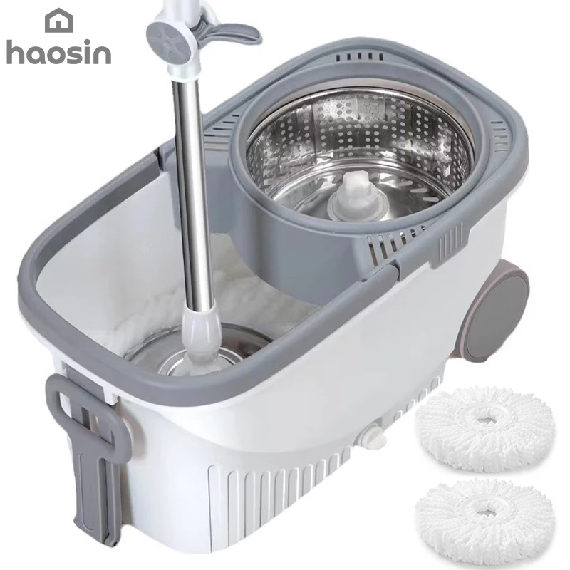 Aço Inoxidável Esfregão Mop Balde Giratório 360° com Rodas Centrífugo 2 Refis Cabo Rodo de Limpeza