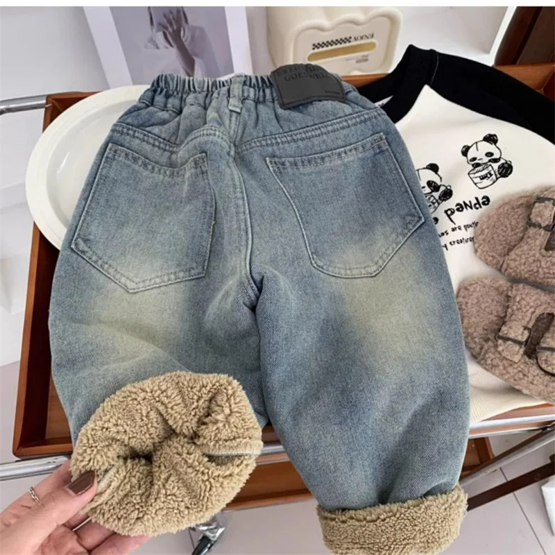 Crianças Jeans Forrados De Lã Meninos Meninas Calças De Veludo De Pelúcia Inverno Engrossado Quentes