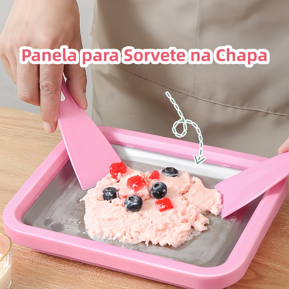 Máquina de sorvete na chapa (com 2 espátulas), assadeira para sorvete, frigideira multifuncional para sobremesas geladas