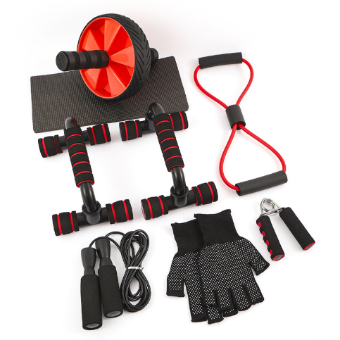 Kit Fitness 6 em 1 Roda Abdominal Flexão Corda Elástico Hand Grip Tapete Treino em Casa
