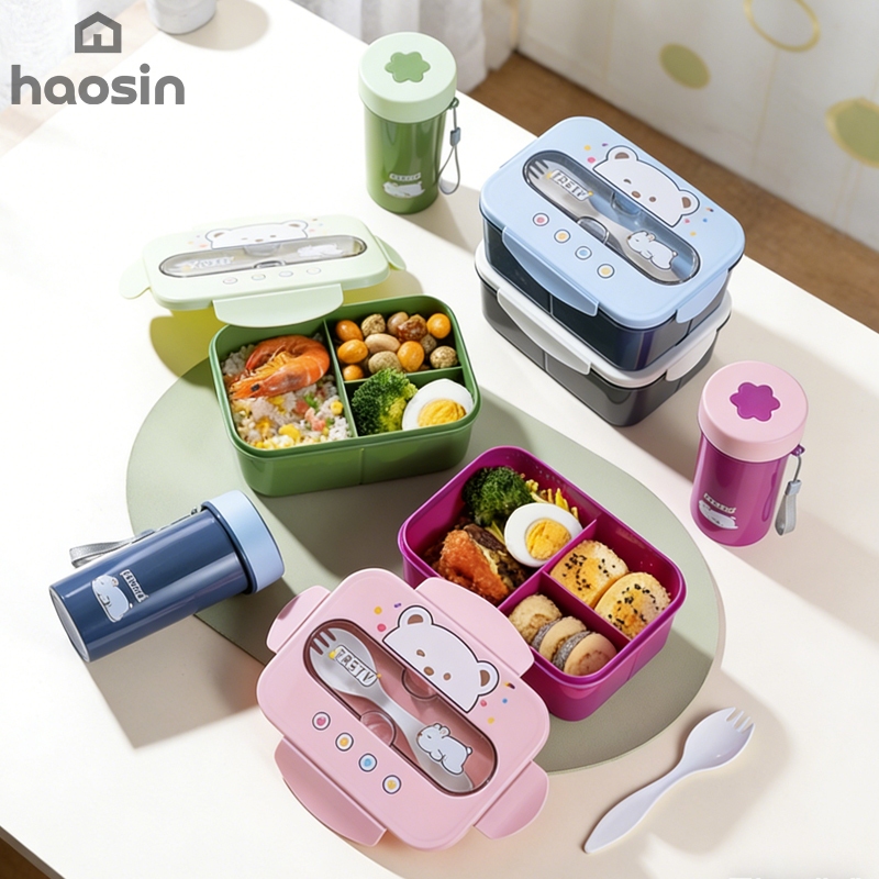 Haosin Kit Marmita 1200ML+550ML Com Garrafa Para Lanche Com Talheres Escolar Divisória Hermética