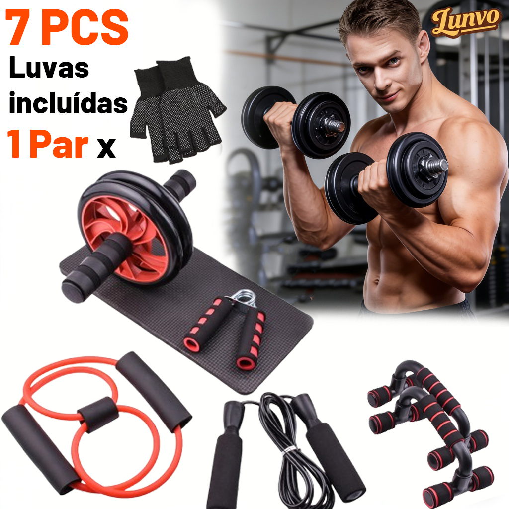 Kit Fitness 7 em 1 Roda Abdominal Flexão Corda Elástico Hand Grip Tapete Treino em Casa Luvas