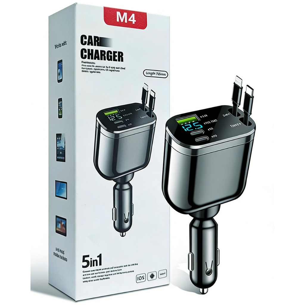 Carregador de carro retrátil, carregador de carro rápido 5 em 1 de 66W para iPhone e Android em Oferta na Shopee