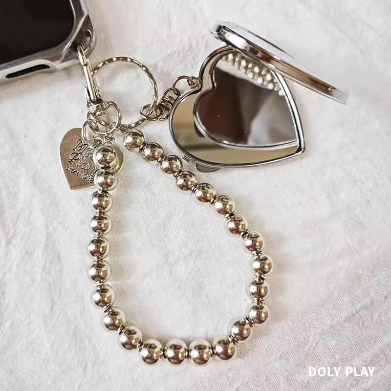 Coreano INS Bonito Amor Coração Espelho Grânulo Telefone Charme Pingente Chaveiro Para iPhone 16 Saco Alça De Menina Cor