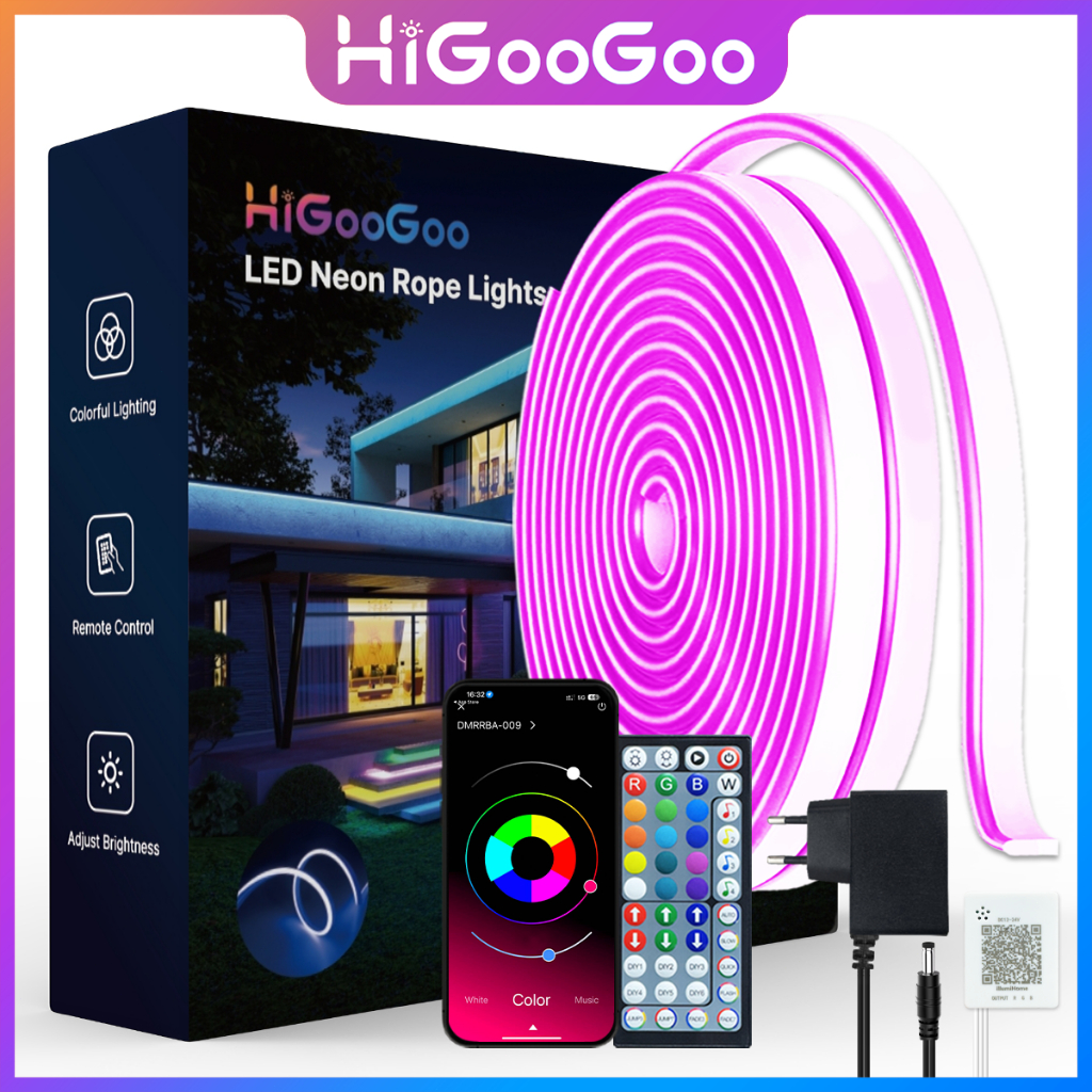 HiGooGoo 30/20Metros Néon De Tira Led RGB APP Controle Remoto IP65 Luz Flexível À Prova D'água Com Fonte Carnaval Natal em Oferta na Shopee