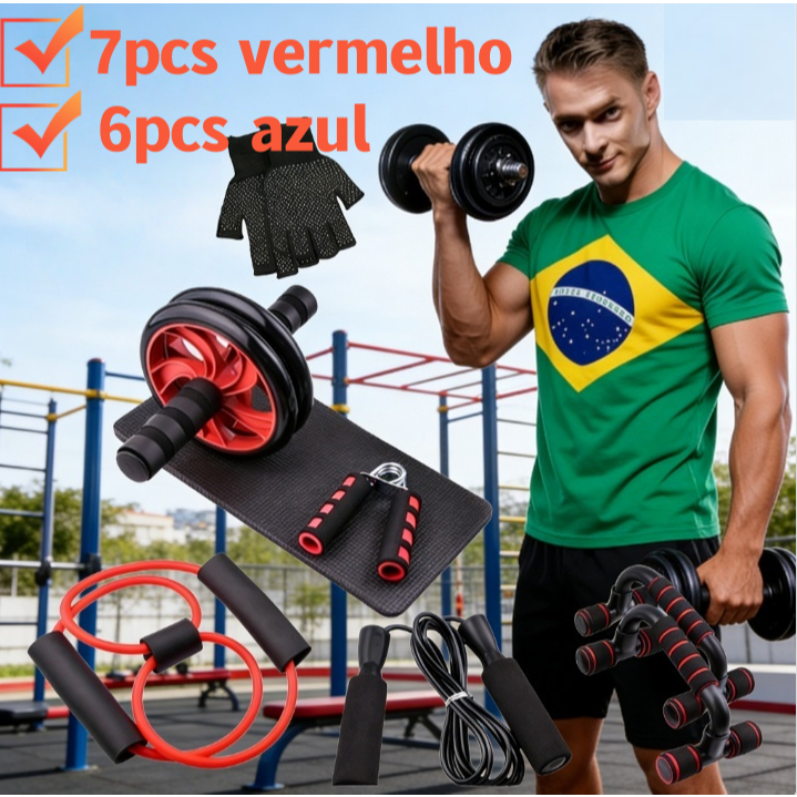 Kit Fitness 7/6 em 1 Roda Abdominal Flexão Corda Elástico Hand Grip Tapete Treino em Casa