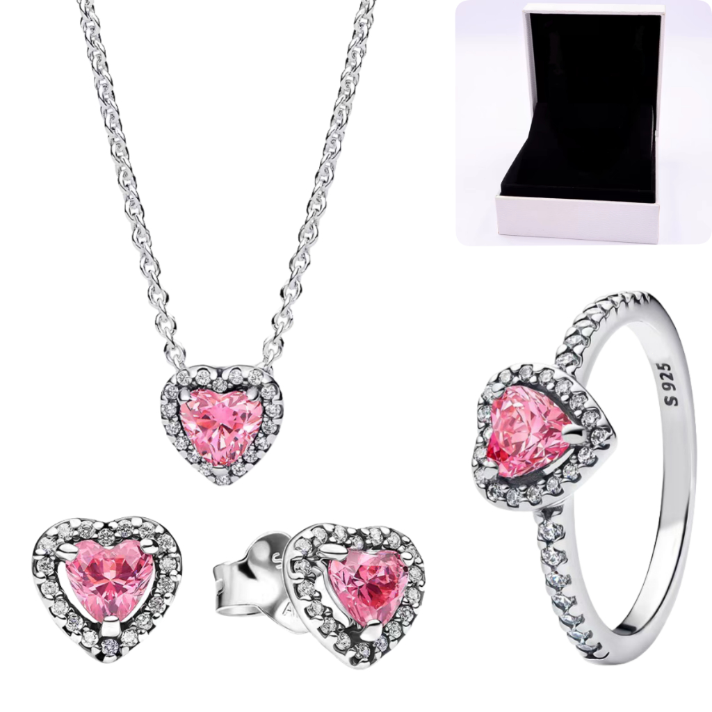 [Entrega em 24 horas] Colar feminino de alta qualidade 925 + brincos + anel, conjunto requintado rosa Love Girl