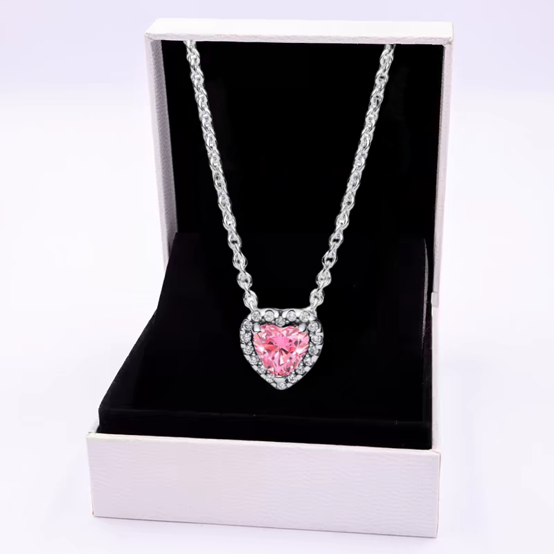 Colar feminino clássico amor em prata S925|Colar + caixa brilhante de coração de menina rosa suave