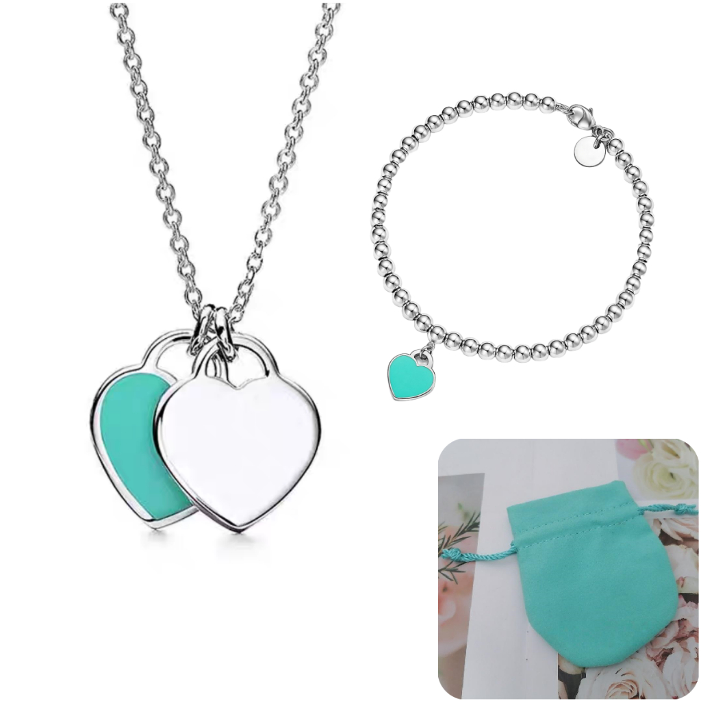 Conjunto clássico de colar feminino em formato de coração azul 925 + pulseira, conjunto completo + bolsa de pano, presen