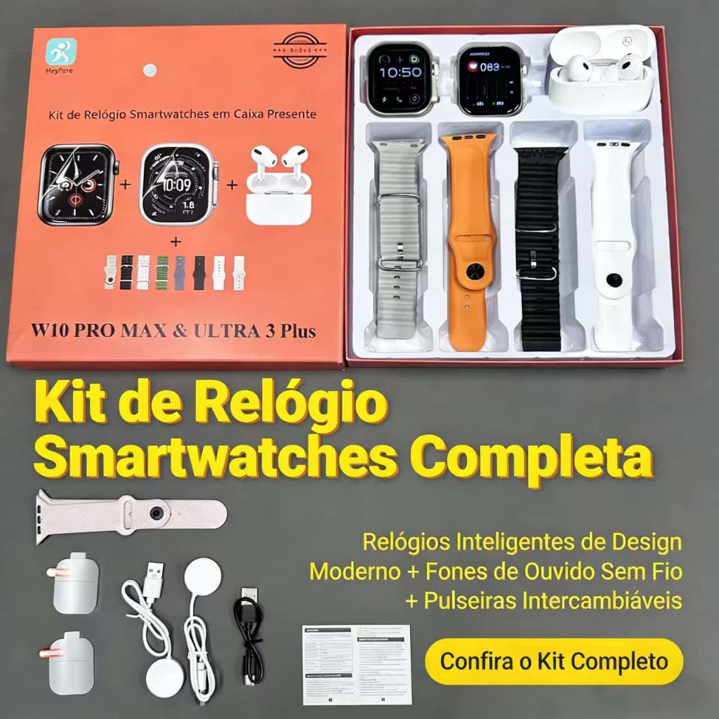 Relógios Inteligentes W10 Pro Max & Ultra 3 Plus Kit com 2 Smartwatches I13 Fones de Ouvido 8 Pulseiras Exclusivas Monit