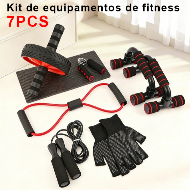 Kit Fitness 6/7/8 in 1 Roda Abdominal Flexão Corda Elástico Hand Grip Tapete Treino em Casa Luvas