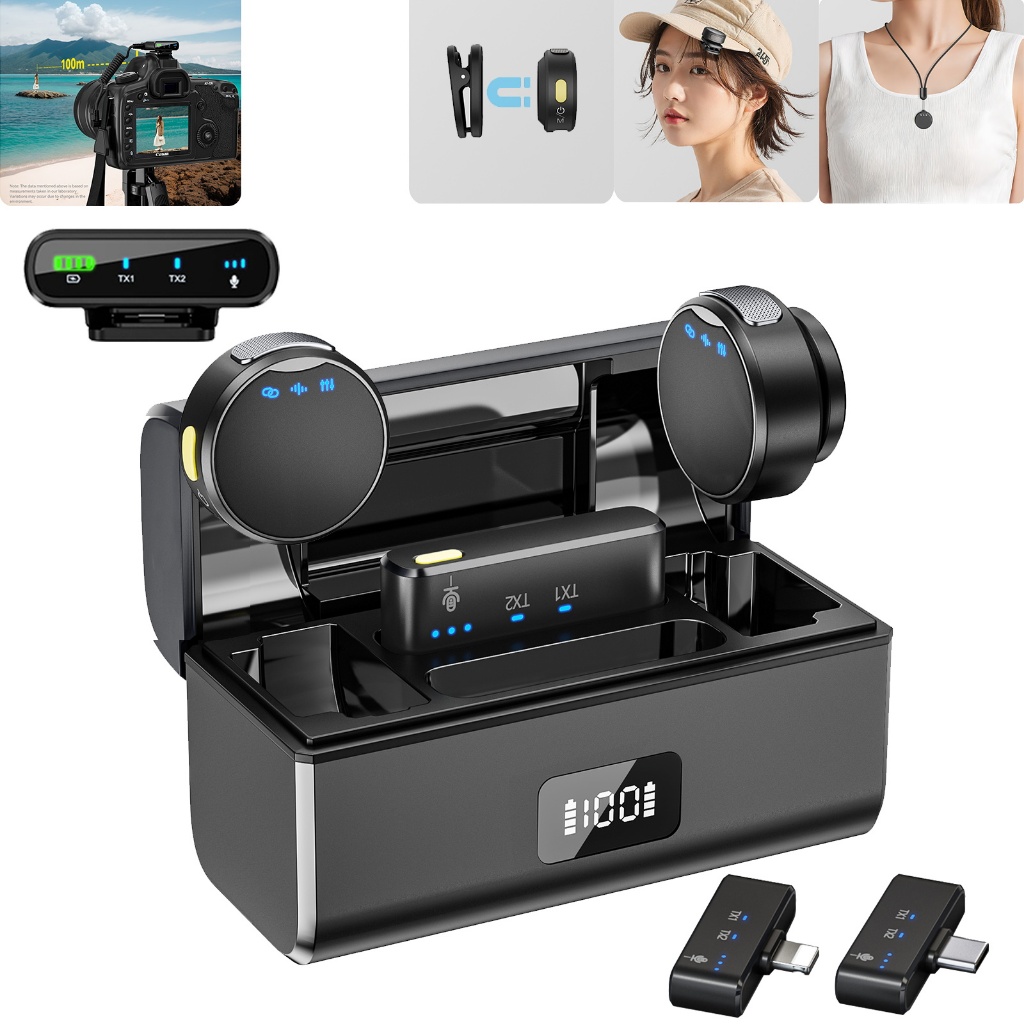 Microfone Sem Fio De Lapela Profissional De 100M Com Caixa De Carregamento Cancelamento De Ruído Para Smartphone