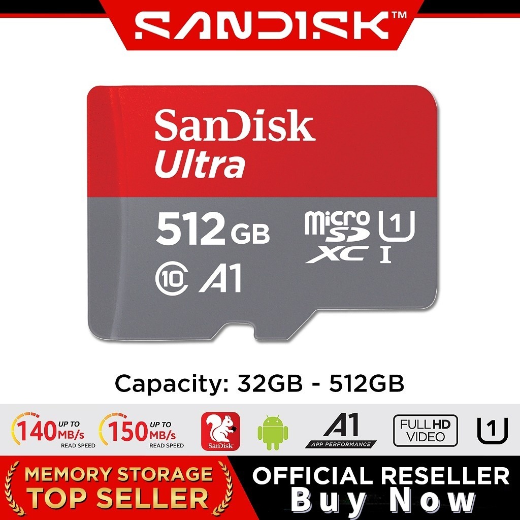 Cartão SanDisk Ultra MicroSD U1 Full HD/128 Gb/256/512/1 Tb/2 , Até 150 MB/s Velocidade De Leitura QUA4 QUAB QUAC , Memó