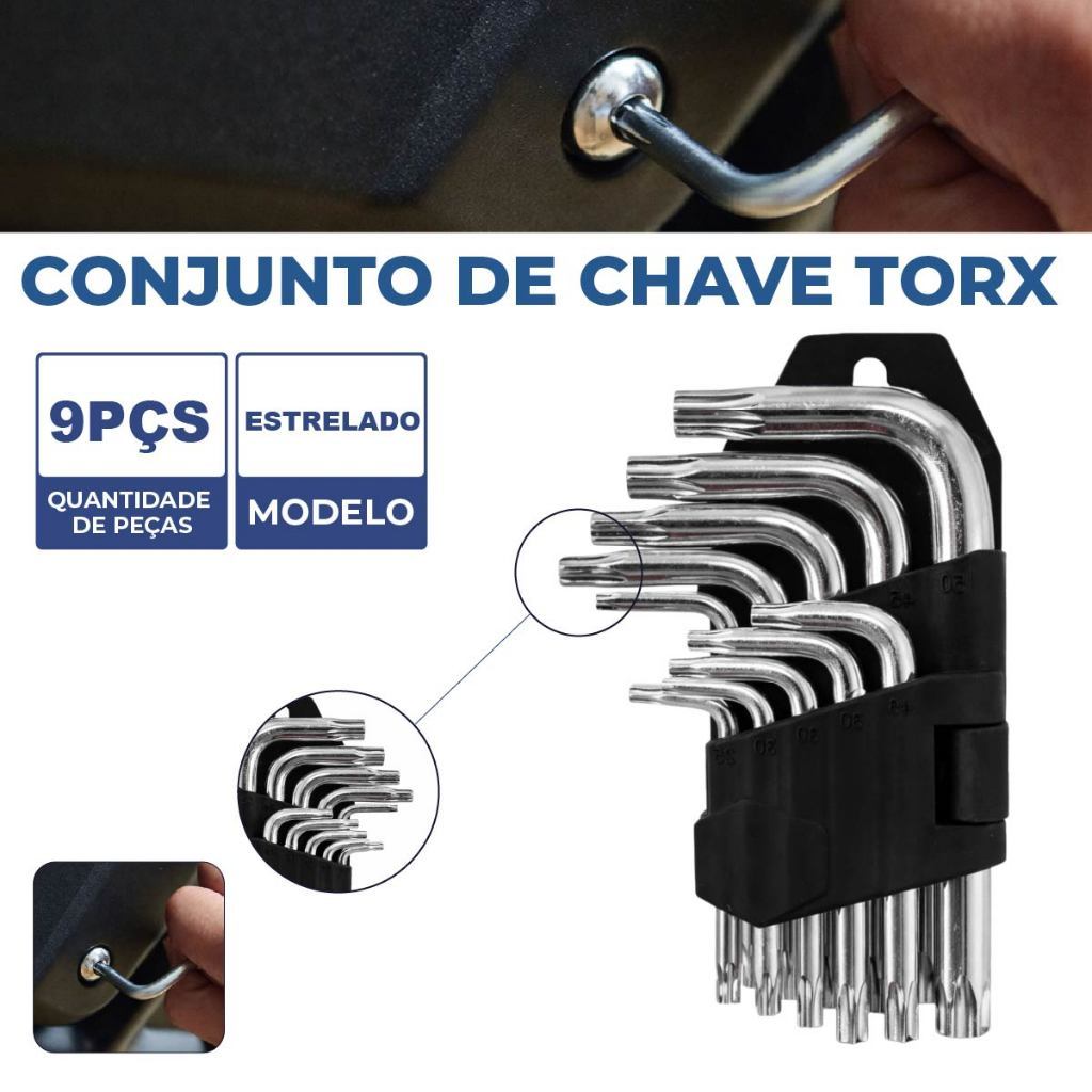 Jogo de Chave Allen Torx Pequena Aço Profissional 9 Peças para Parafuso Hexagonal