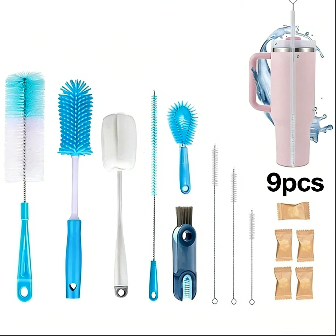 Conjunto De 9 Escovas De Limpeza Multiuso Com Cabo Longo Para Canudo Garrafas XíCaras E Copos