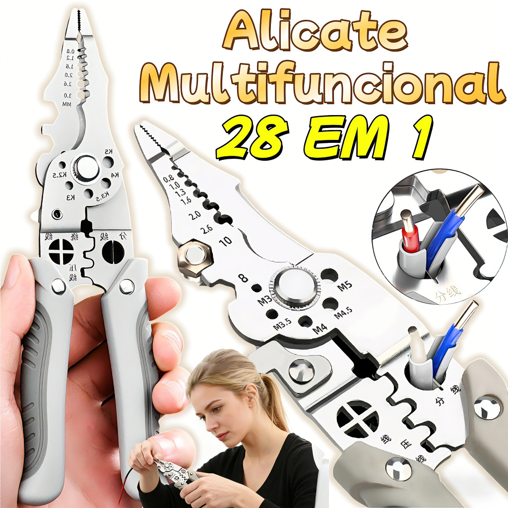 Alicate Profissional 28 em 1 Kit Multifuncional Universal p/ Trabalhos com Cabos Elétricos Fios/Cortador/Crimpador