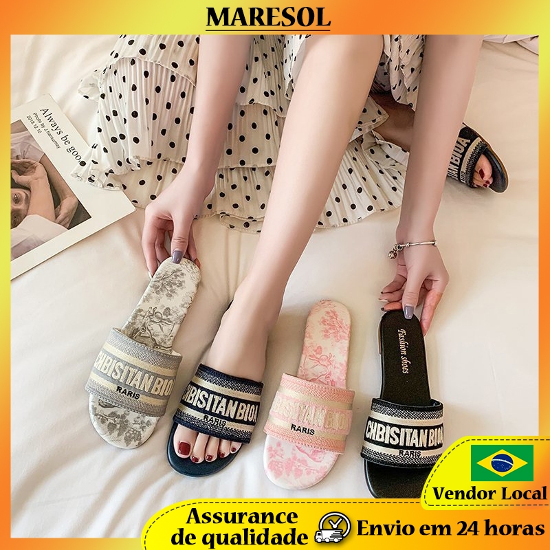 MARESOL Sandálias Femininas Verão Novo Estilo Bordado Carta Chinelos Férias Praia Flip-Flops Mulheres