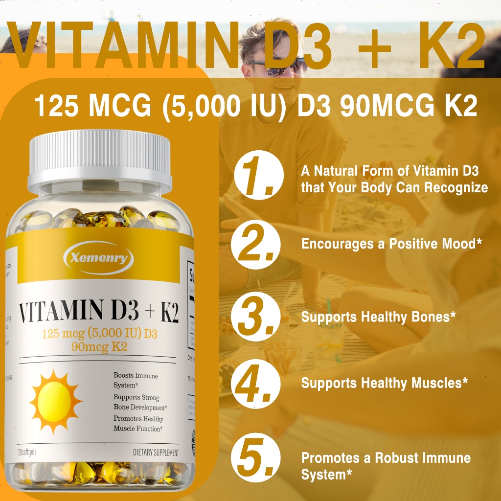 XEMENRY contains a blend of Vitamin D3 and K2 - 30/60/120 capsules, suitable for adults, gluten-free. — imagem 2 de 2