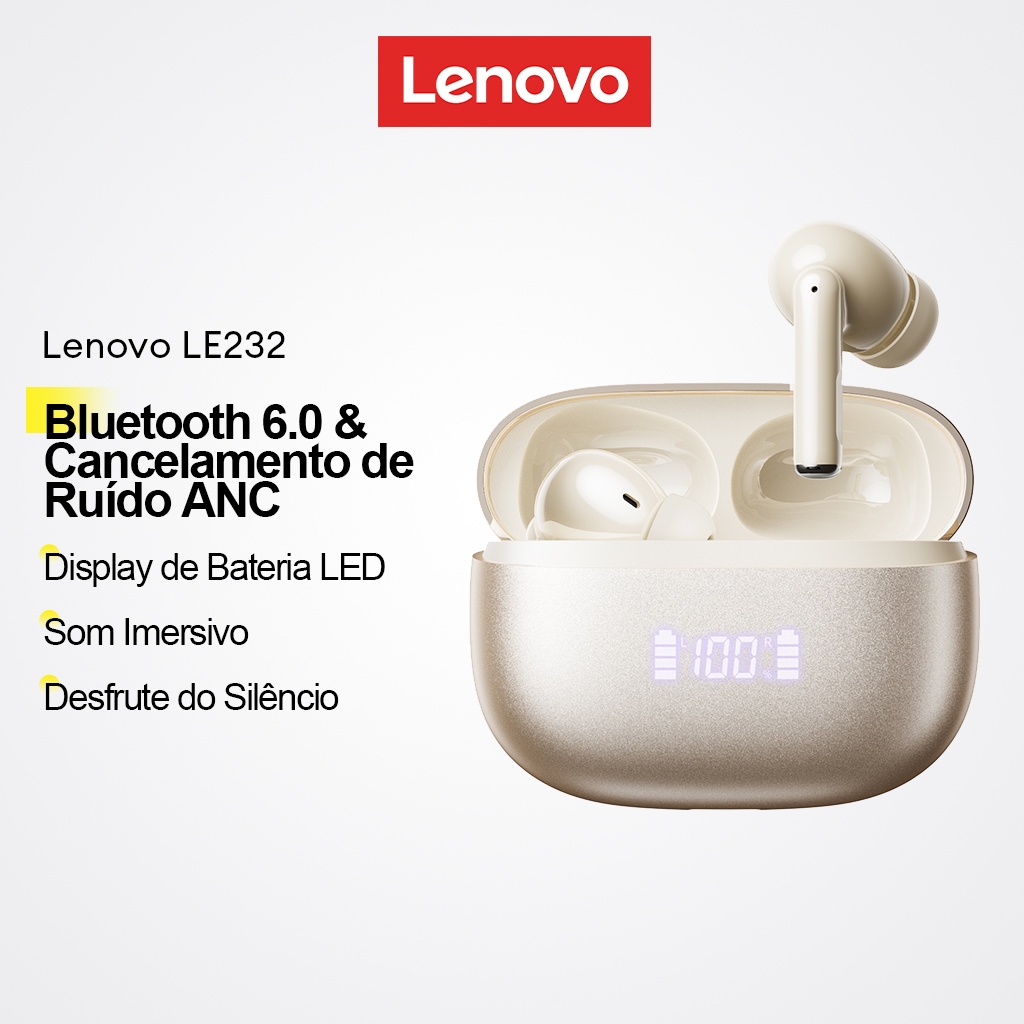 Fones Lenovo LE232 Bluetooth Sem Fio com ANC HiFi Som e Reducao de Ruido com Display LED para Uso Diario