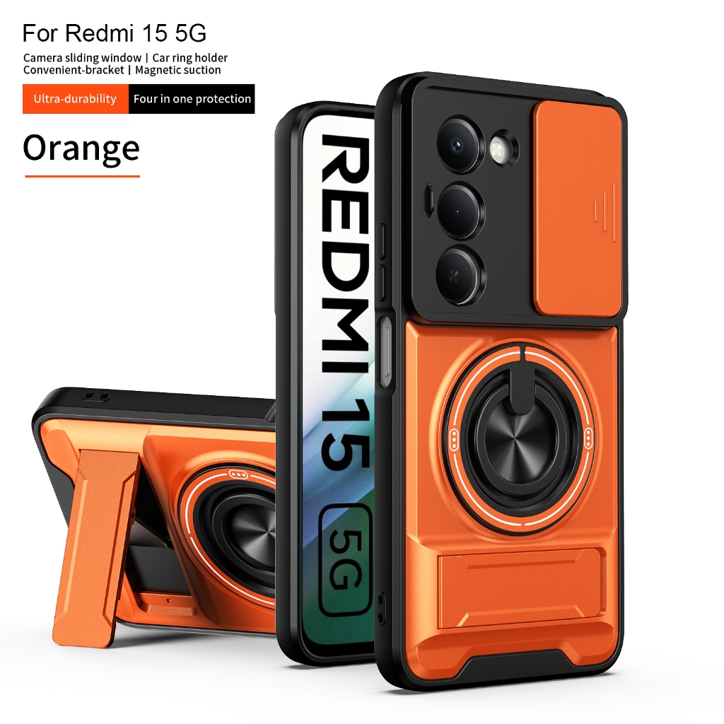 Capa De Telefone Para Xiaomi Redmi 15 5G Anel Magnético 360 ° Suporte Giratório Protege A Tampa Traseira Rígida Da Lente