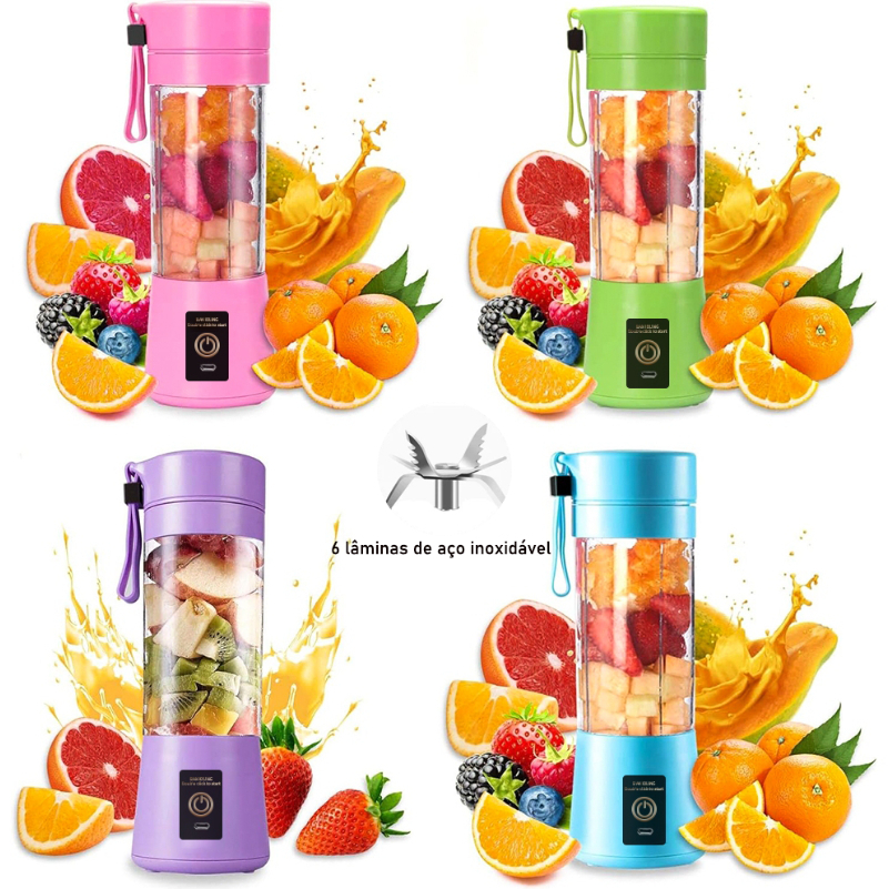 Mini Liquidificador Portátil USB Recarregável 380ml 6 Lâminas Bivolt Copo Shake Suco Vitamina